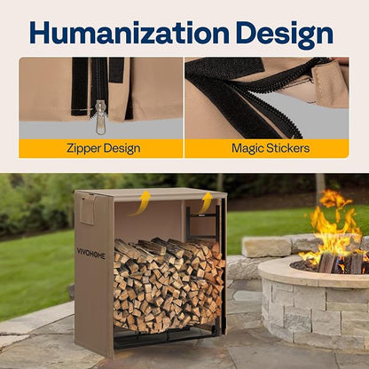 VIVOHOME 2ft Firewood Log Rack Cover, Heavy Duty 600D Oxford, Double Layer Outdoor Weather Resistant Fire Wood Storage Holder Cover with Zipper and Hook Loop Tape, Brown