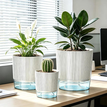 3 Pack Self Watering Pots for Indoor Plants, 4+5.5+6.3 Inch Self Watering Plant Pots, Flower Pots with Wick Rope and Reservoir - Black Stripes