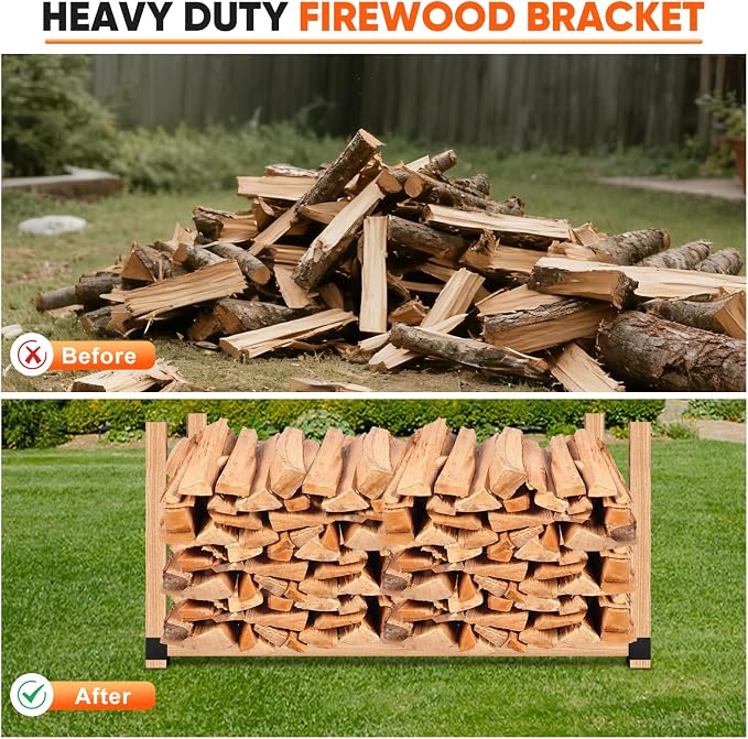 4 Pcs Firewood Rack Indoor Outdoor, Adjustable Bracket Powder Coated | Heavy Duty Steel Holder for Fireplace Wood Storage, Log Holder for Patio Deck, Sturdy, Easy Assembly