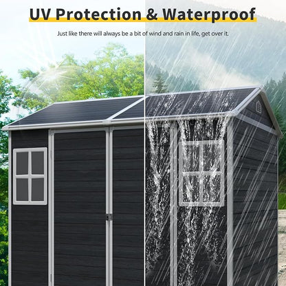 PVWIIK 8x6 ft Resin Outdoor Storage Shed with Floor & Window, Lockable Waterproof All-Weather Utility Shed for Garden Tools & Trash Bins, Black