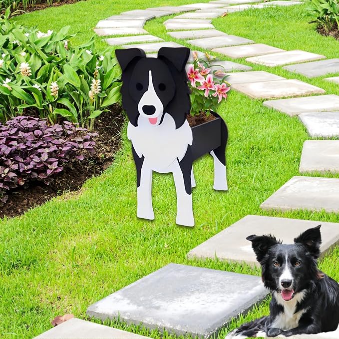 Border Collie Dog Planter, 9.45 x 5.94 x 13.39 Inches | Dog Flower Pot, Cute Animal-Shaped Plant Pot, Gifts for Women & Pet Lovers, Indoor and Outdoor Garden, Home and Office Decor