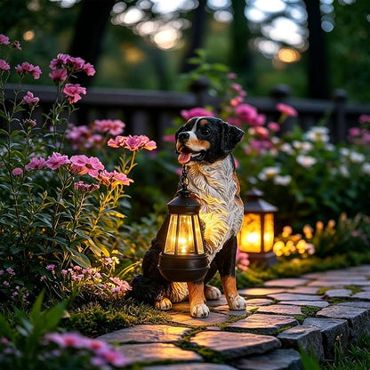 Afirst Dog Garden Statue - Outdoor Decor with Solar Lantern Valentine's Day Gift Lovely Bernese Mountain Dog Figurine Patio Lawn Yard Art Ornaments Housewarming Gift