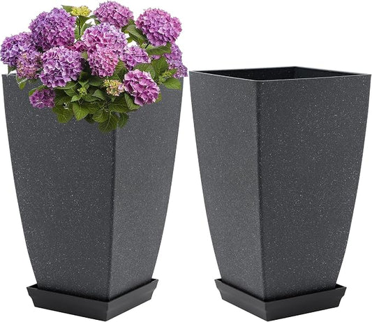 Neoaider Set of 2 Tall Planter, 21 inch Large Plastic Planter, Cement Gray | Ceramic-Look, Lightweight, Built-in Drain Hole, Saucers, Tall Outdoor Planter for Porch, Garden, Patio, Balcony