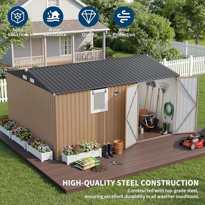 Garvee 10 x 12 FT Heavy-Duty Metal Outdoor Storage Shed with Motion Sensor Solar Light and Window,Pegboard Tool Organizer, Lockable Doors and 4 Air Vents, Garden Shed for Patio, Garage, Backyard