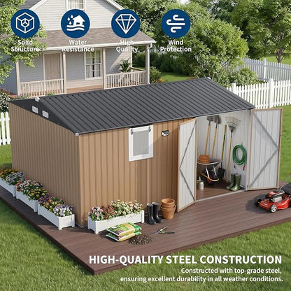 Garvee 10 x 12 FT Heavy-Duty Metal Outdoor Storage Shed with Motion Sensor Solar Light and Window,Pegboard Tool Organizer, Lockable Doors and 4 Air Vents, Garden Shed for Patio, Garage, Backyard