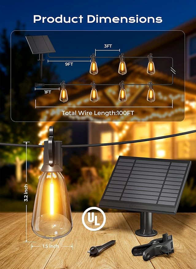 Brightown 100FT Solar String Lights Outdoor Waterproof, Patio Lights with Remote & Timer, USB/Solar Powered Dimmable Outdoor Lights, 31+2 LED Bulbs for Backyard Garden Camping Party