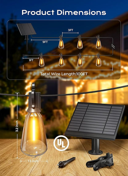 Brightown 100FT Solar String Lights Outdoor Waterproof, Patio Lights with Remote & Timer, USB/Solar Powered Dimmable Outdoor Lights, 31+2 LED Bulbs for Backyard Garden Camping Party