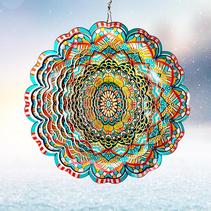 Mandala Wind Spinner - Lucky Star Design | 12-Inch Laser Cut Stainless Steel, Kinetic Hanging Wind Sculpture for Garden, Porch, Patio, Home | Outdoor 3D Metal Windcatcher & Yard Art