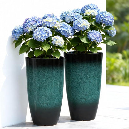 Autodaya 23.8" Tall Outdoor Planters Set of 2 Flower Pot for Outdoor Plants | Faux Ceramic Large Planters with Drainage Hole, Gradient Turquoise Glaze, Weather-Resistant for Garden Patio Porch Home Decor