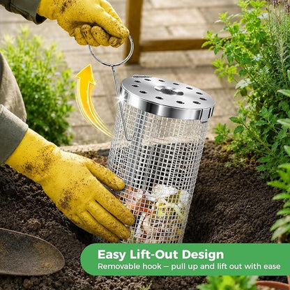 Worm Composter Worm Bin, Stainless Steel In Ground Compost Bin with Quick-Open Lid, Metal Worm Tower Composting System for Garden Beds, Underground Worm Farm, Outdoor Garden Vermicomposting Bin