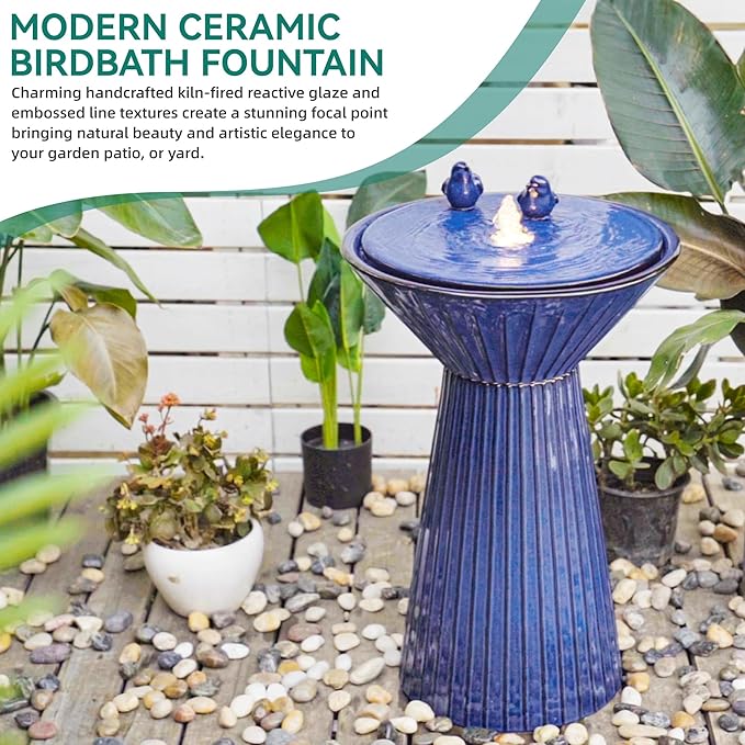 AUTODAYA 28" Ceramic Outdoor Water Fountain LED Birdbath, Cobalt Blue | reactive glaze finish, bird accents, patio garden porch Backyard