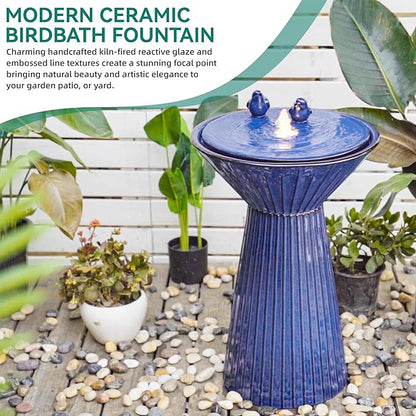 AUTODAYA 28" Ceramic Outdoor Water Fountain LED Birdbath, Cobalt Blue | reactive glaze finish, bird accents, patio garden porch Backyard