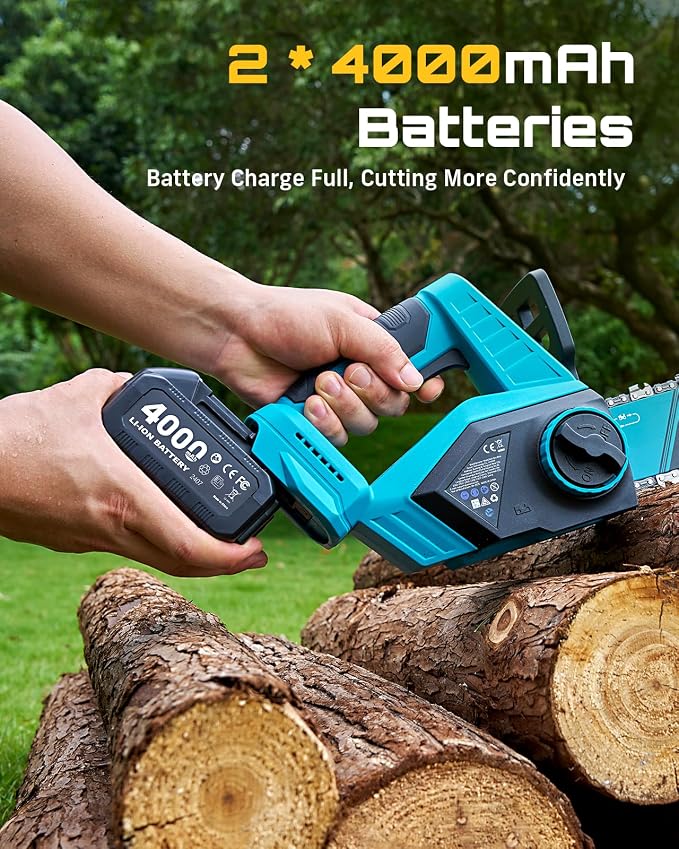 SEESII 12-Inch Electric Chainsaw Cordless, Brushless Motor | 2 x 4.0Ah Battery, Auto Oiling, Tree Saw with Tool-free Chain Tension, Wood Cutting Trimming Branch, Yard Work