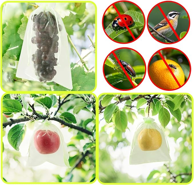 50PCS Fruit Protection Bags with Drawstring, 6x8 Inch Green Organza Produce Bags for Fruit Trees, Mesh Netting for Garden Protection