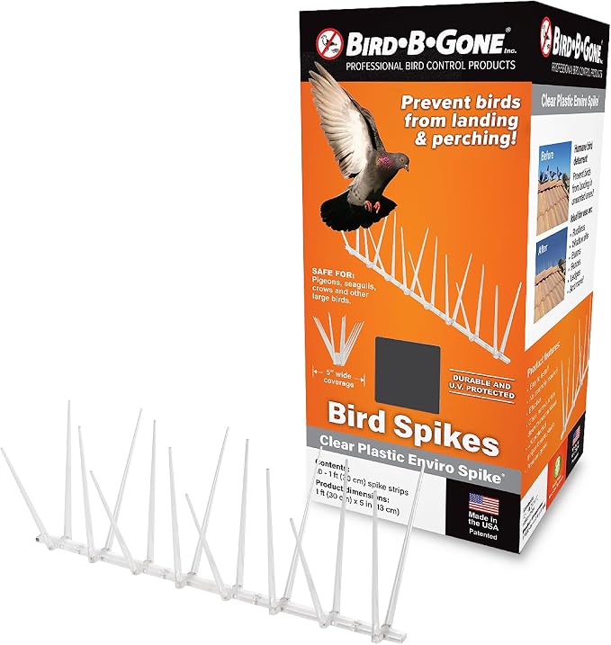 Bird B Gone - EnviroSpike Plastic Anti Bird Spikes (10' Kit) - Humane Deterrent - Stops Pigeons & Birds from Roosting - UV-Stabilized Polycarbonate - for Rooftops, Ledges, Fences, Etc - Made in USA