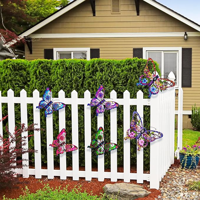 SUNREEK 6Pcs Metal Butterfly Wall Decor, 14Inch/9Inch Outdoor Butterfly Wall Art for Fence Garden Yard Room Patio Balcony Decorations