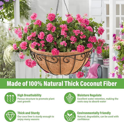 Legigo 2 Pack 14 Inch Metal Hanging Baskets for Plants Outdoor- Wire Round Hanging Planters Basket with Coconut Coir Liner, Hanging Flower Pot for Outdoor Plants Flowers Garden Decorations