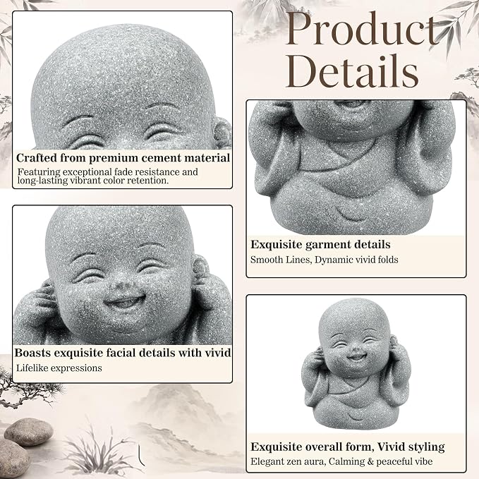 Hoteam 8 Pcs Laughing Buddha Statue Small Zen Monk Praying Sandstone Sculptures for Luck Feng Shui Decor Car Dashboard Home Living Room Office Desk Decor (Classic)