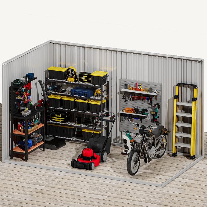 DWVO 9x4 FT Storage Shed for Bicycle, Functional Metal Tool Shelter Garden Storage Unit with Acrylic Windows, Secure Entry Lock, Water-Resistant Waste Enclosure for Outdoor Patio Garden(Dark Gray)
