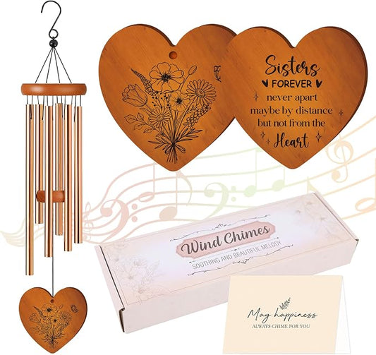 Sister Gift, Sisters Forever Quote Wind Chimes for Outside, Floral Heart Design Windchime for Home Garden Patio Yard Decor