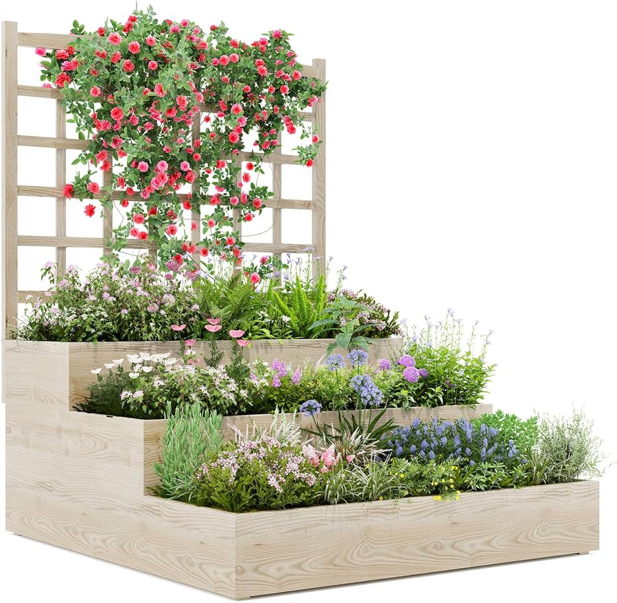 Vertical Wooden Garden Planter with Trellis – 3-Tier Raised Bed for Climbing Plants, Vegetables, Herbs & Fruits – Open Base Design for Improved Drainage – Ideal for Patio, Deck, or Backyard