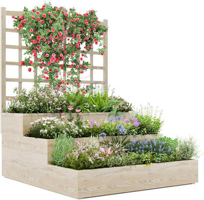 Vertical Wooden Garden Planter with Trellis – 3-Tier Raised Bed for Climbing Plants, Vegetables, Herbs & Fruits – Open Base Design for Improved Drainage – Ideal for Patio, Deck, or Backyard