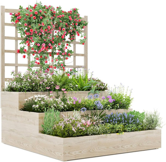 Vertical Wooden Garden Planter with Trellis – 3-Tier Raised Bed for Climbing Plants, Vegetables, Herbs & Fruits – Open Base Design for Improved Drainage – Ideal for Patio, Deck, or Backyard