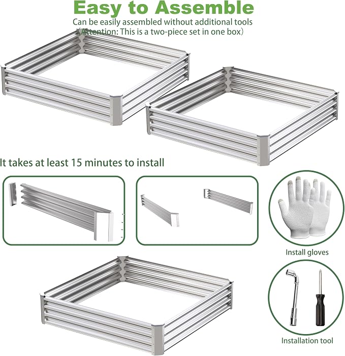4x4x1ft-2PCS Raised Garden Bed Kit, Galvanized Planter Garden Boxes Outdoor, Metal Raised Garden Beds for Vegetables,Fruits, Flower,Silver