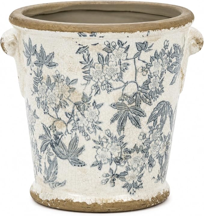 Dosayes Vintage Ceramic Flower Pot with Drainage Holes and Handle,Ice Crack Country Rustic Planters for Indoor Outdoor,Tuscan Decor,Home and Garden Decor,Gardening Present