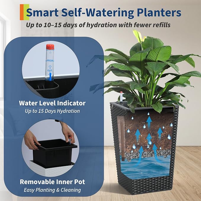 Garvee Set of 2 Tall Rattan Planters, 16 Inch Black Planters for Indoor Outdoor Plants, Flower Pots with Drainage & Water Level Window for Porch, Patio & Balcony