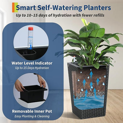 Garvee Set of 2 Tall Rattan Planters, 16 Inch Black Planters for Indoor Outdoor Plants, Flower Pots with Drainage & Water Level Window for Porch, Patio & Balcony