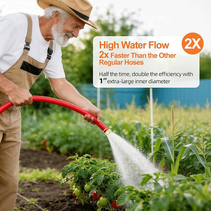 SPECILITE 1" Hot/Cold Garden Water Hose 75ft, -50℉ to 190℉, High Water Flow, Flexible & Lightweight, Heavy Duty Rubber Pipe with 1" to 3/4" Brass Adapters for All-weather Outdoor Industrial Farm, Red