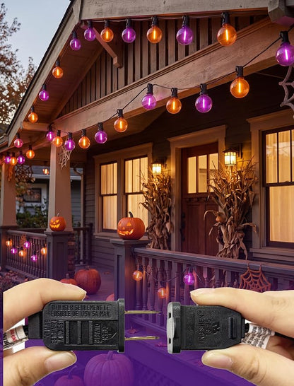 25FT G40 LED Outdoor Halloween String Lights, Orange and Purple Halloween Decorations Lights with 27 Shatterproof Globe Bulbs(2 Spare), Hanging Patio Lights for Holiday Balcony Backyard Party Garden