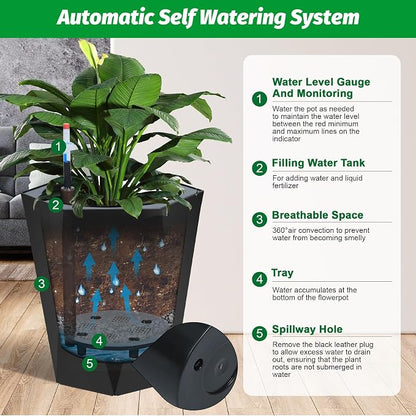 IDEALHOUSE 16" Tall Planters, Self-Watering Planters with Water Level Monitor and Drainage Hole, Large Outdoor Planters for Living Room, Bedroom Office, Patio, Porch, Garden, Set of 2