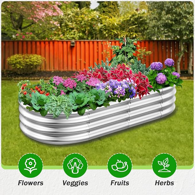 RAYKEEP Galvanized Raised Garden Beds, 4x2x1ft Outdoor Raised Garden Boxes, Oval Large Bottomless Metal Elevated Garden Bed Planter Box for Vegetables, Fruits, Flower