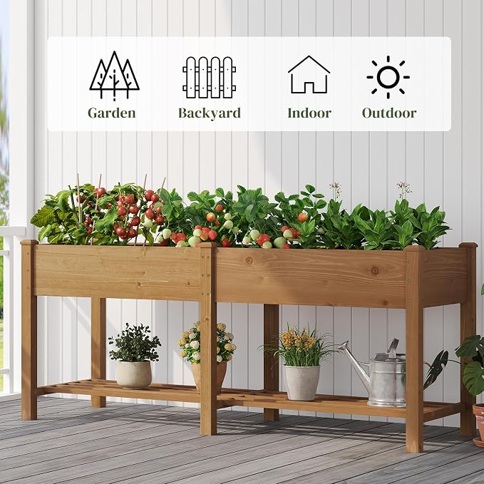 72x24x30.5in Raised Garden Bed Elevated Wood Planter Box with Shelf Garden Planter with Legs for Backyard, Patio, Balcony w/Divider Liner, 300lb Capacity (Brown)