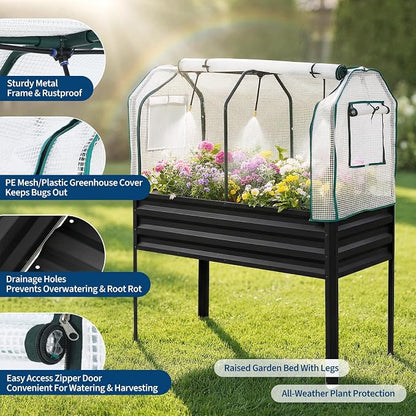 48×24×56in Galvanized Elevated Raised Garden Bed with Legs, Greenhouse Cover & Bird Net, Deep Metal Raised Planter Box for Backyard Patio Balcony Vegetables Herbs Flowers
