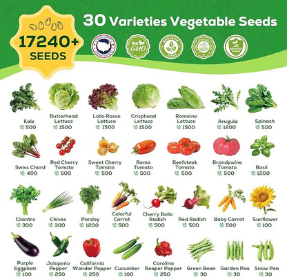 30 Vegetable Seeds Variety Pack - 17,200+ Heirloom Vegetable Seeds for Planting, Non-GMO Seed Packets with Tomato, Lettuce, Pepper, Cucumber for Indoor, Outdoor, Greenhouse & Hydroponic Gardening