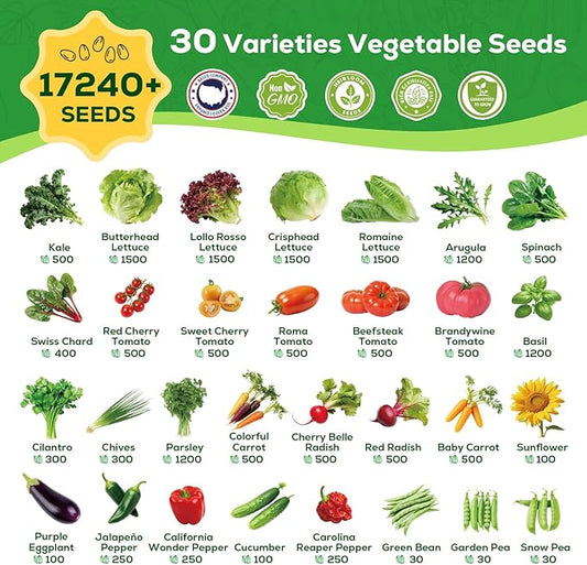 30 Vegetable Seeds Variety Pack - 17,200+ Heirloom Vegetable Seeds for Planting, Non-GMO Seed Packets with Tomato, Lettuce, Pepper, Cucumber for Indoor, Outdoor, Greenhouse & Hydroponic Gardening