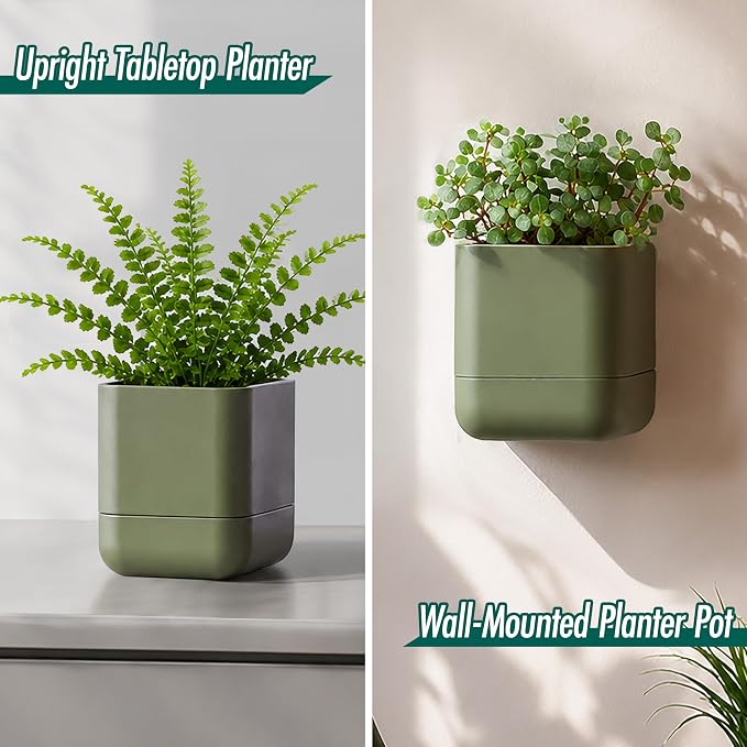 Phoenix Vine 4.5 Inch Wall Mounted Self-Watering Planter Pot for Indoor Houseplants and Herbs | Hanging Planter for Window Sills, Bathroom Walls, Home & Office Décor, Olive, Set of 3, 01-B-F-3