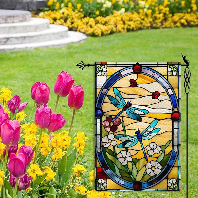 Spring Summer Dragonfly Garden Flag Stained Glass Style Floral Flowers Garden Flag Vertical Double Sided Rustic Farmland Burlap Yard Lawn Outdoor Decor 12.5x18"
