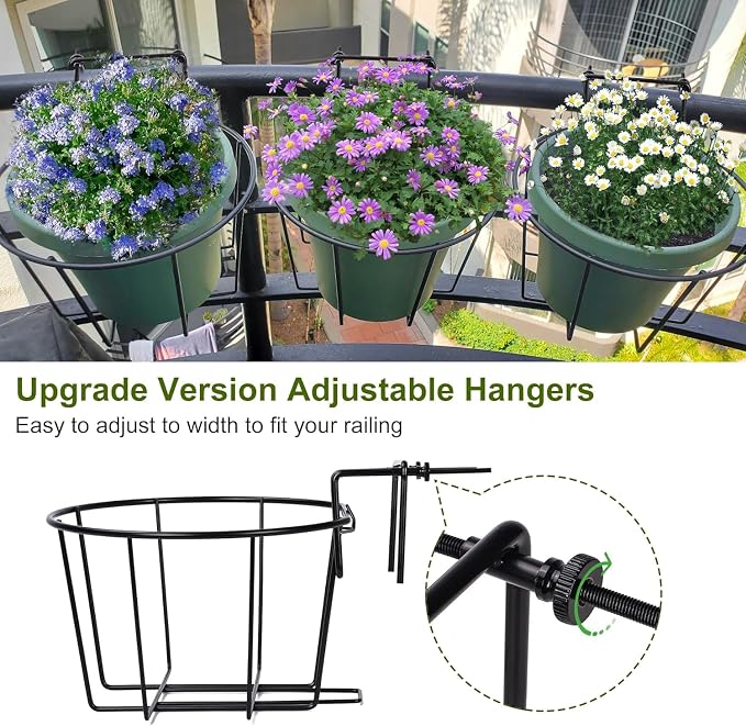 TQVAI Adjustable Hanging Railing Planter for 1.89 to 3.5 Inches Railings - Outdoor Balcony Deck Flower Pot Holder, Metal Baskets for Garden Orchid, Patio Ledge, 3 Pack, Black