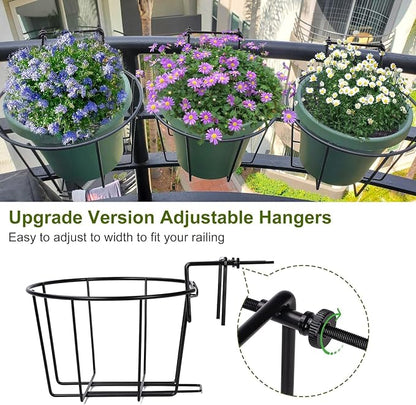 TQVAI Adjustable Hanging Railing Planter for 1.89 to 3.5 Inches Railings - Outdoor Balcony Deck Flower Pot Holder, Metal Baskets for Garden Orchid, Patio Ledge, 3 Pack, Black