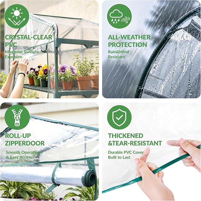 KOL 27x19x76 in PVC Cover 5-Tier Mini Greenhouse, Indoor Outdoor | Portable seed starter plant stand, winter orchid frost protection, apartment balcony patio