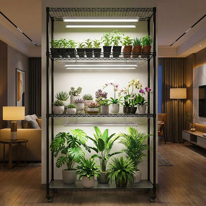 Plant Stand with Grow Lights, Indoor Plant Shelf with Wheels | 36"x14"x63" sturdy Metal Plant Shelving, 6 full-spectrum Grow Light, Timer, Thermometer for herbs, seed starting, propagation