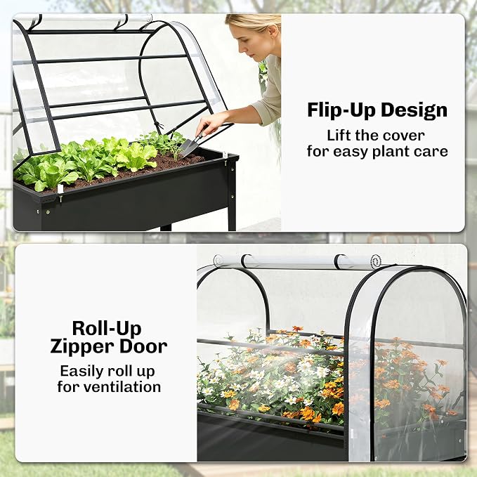 Outsunny Raised Garden Bed with Flip-Up Greenhouse Cover, Metal Elevated Garden Bed with Legs and Drainage Hole, Outdoor Raised Planter Box for Vegetables Herbs Flowers, 39.4" x 19.3" x 53.5", Black