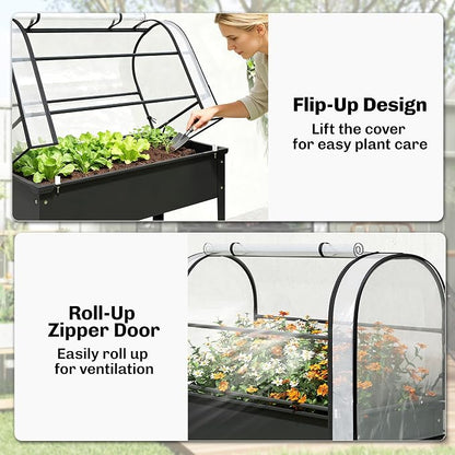 Outsunny Raised Garden Bed with Flip-Up Greenhouse Cover, Metal Elevated Garden Bed with Legs and Drainage Hole, Outdoor Raised Planter Box for Vegetables Herbs Flowers, 39.4" x 19.3" x 53.5", Black