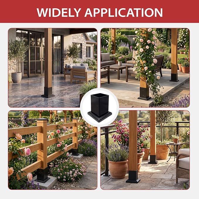 2 Pack 4x4 Post Base with Decorative Cover, Heavy Duty Iron Deck Post Base, 3.6" x 3.6" Inner Size, Black Powder Coated Fence Post Base for Deck, Pergola, Porch Railing, Mailbox, Gazebo