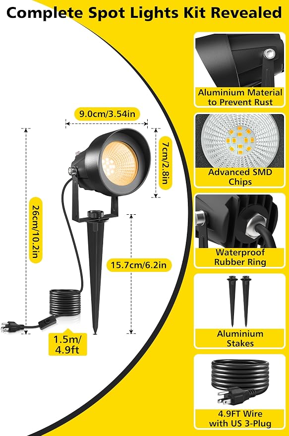 T-SUN Dusk to Dawn Outdoor Lighting, Flag Spot Lights with Photocell Auto On/Off, Waterproof 3000K Warm White LED Plug-in Landscape Spotlights for Garden Yard Tree Pathway Pole House
