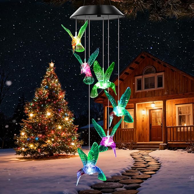 Solar Wind Chimes Outdoor Color Changing Lights, Gift for Women Mom Grandma Sister Best Gifts, Wind Chimes Unique Outdoor Garden Yard Decor (Green Hummingbird)